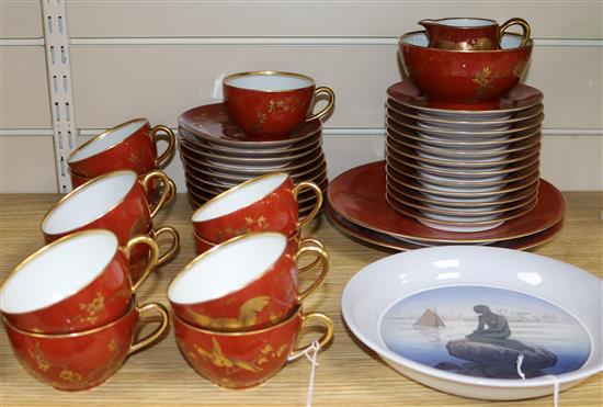 A Royal Copenhagen Langelinie plate and a B & Co Limoges part teaset retailed by Mortlocks Ltd